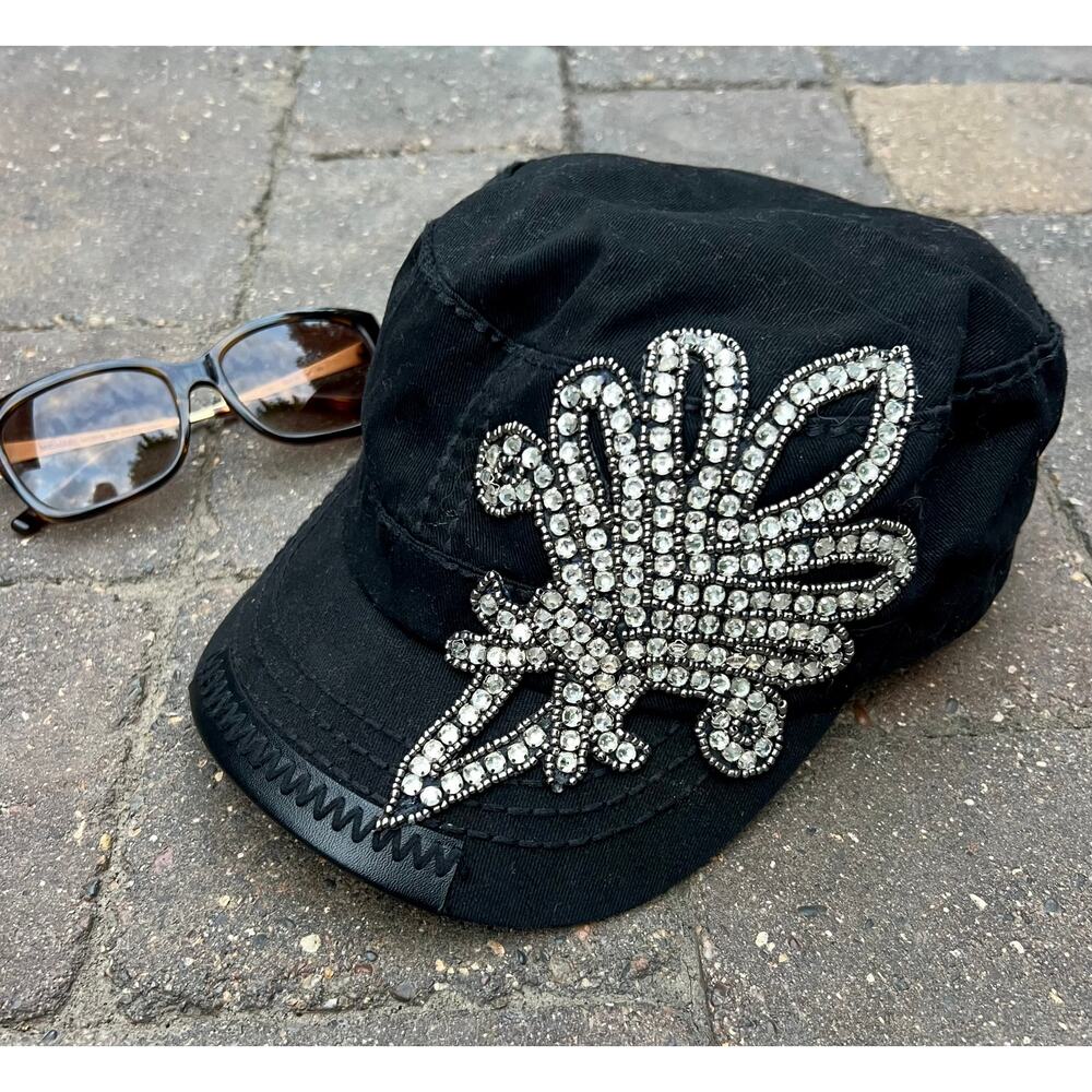 Olive & Pique y2k black bedazzled fleur de lis summer festival cap